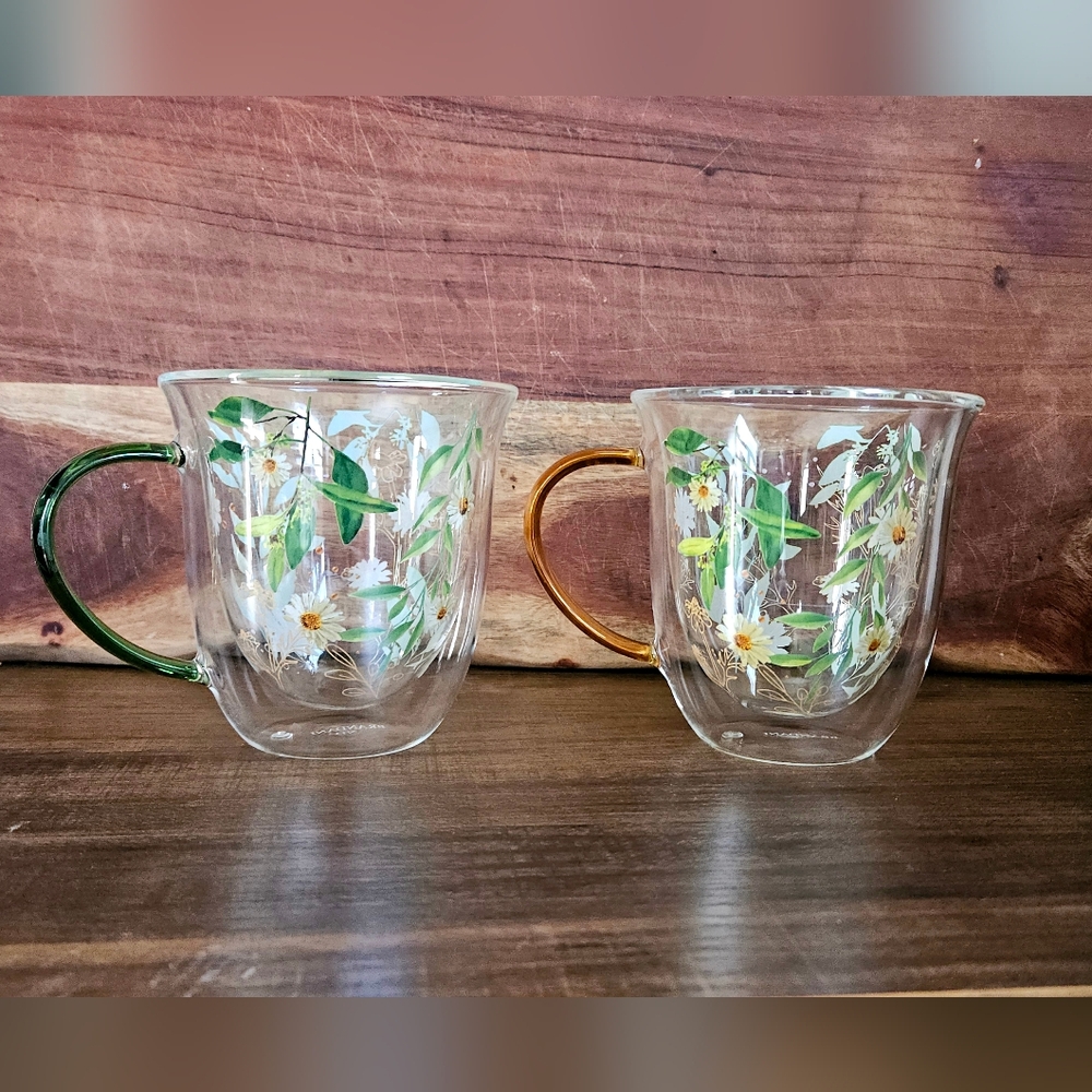 Floral Double Walled Glass Mugs Set - Green and Yellow Hand Painted